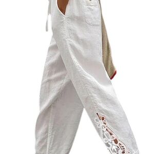 Elegant White Lace Detail Women's Linen Pants